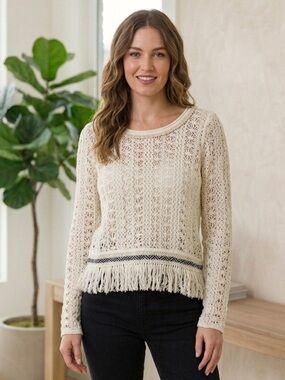 Akemi + Kin Cream Crocheted Fringe Sweater